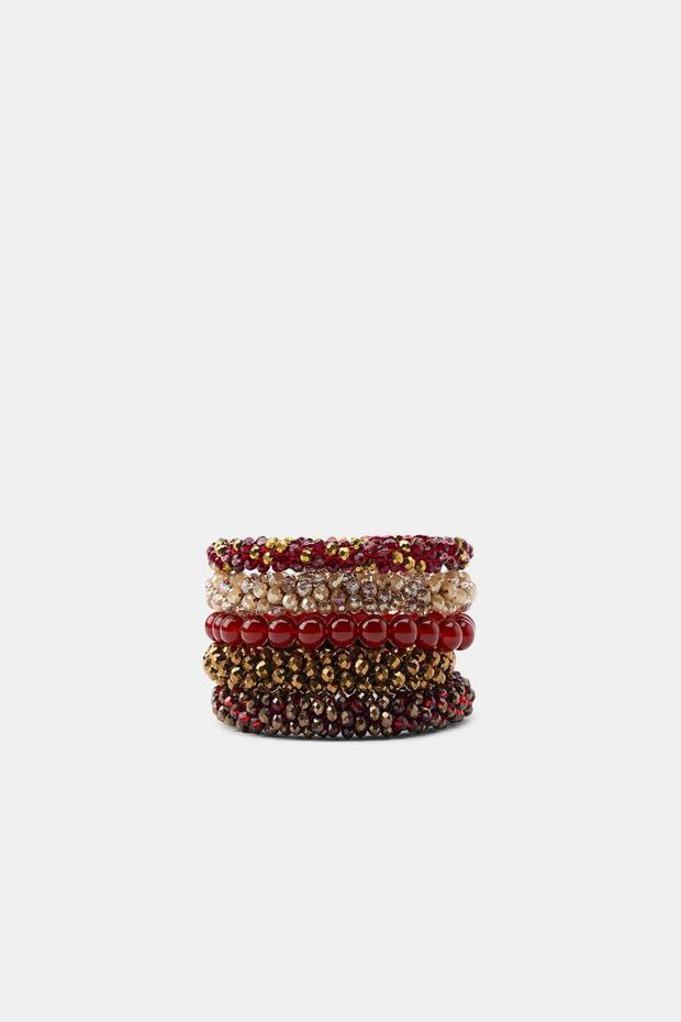 Set of 5 Elastic Bracelets with Crystal Beads in Burgundy, Gold and Champagne Tones