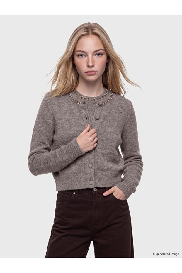 Quality Pieces from Çelebi Store Zero Roba Collar Stone Women's Knitwear Cardigan