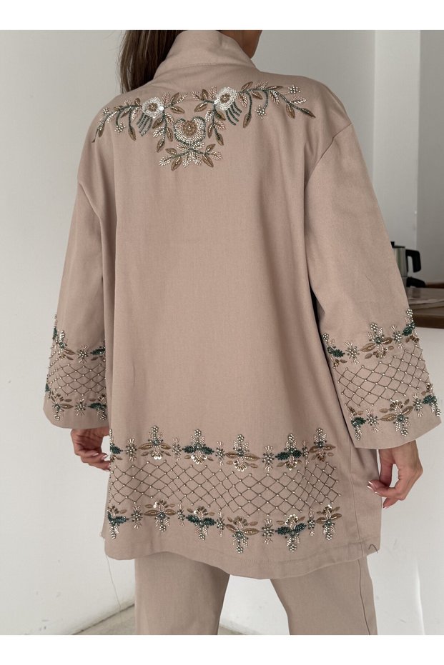 Women's Back-To-Back Sleeves with Bead Embroidery Worked Kimono Pants Set