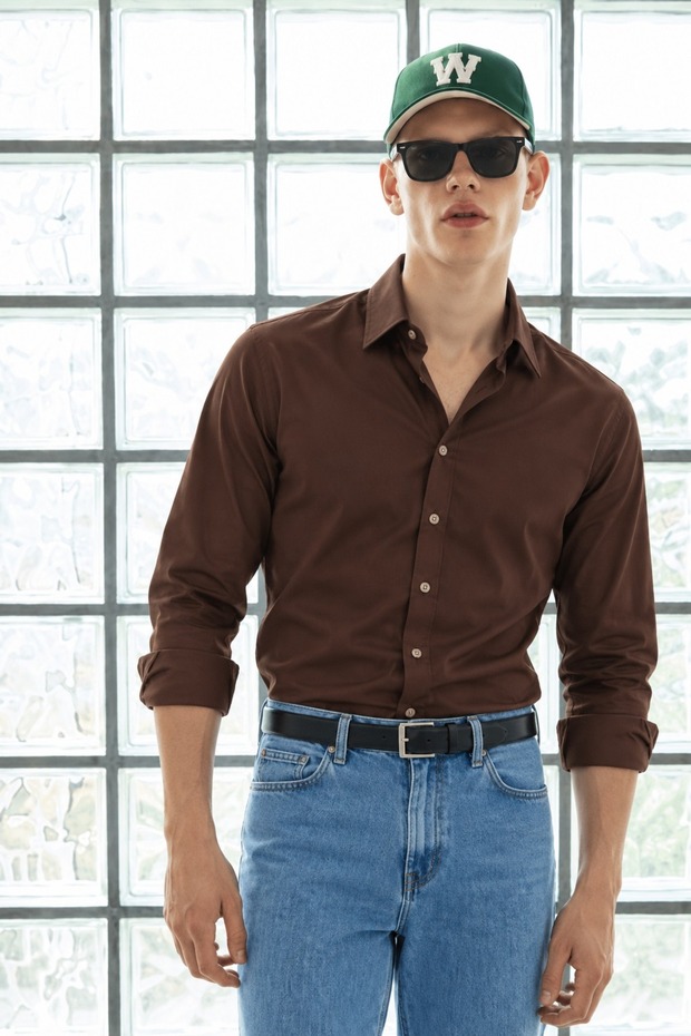 Men's Classic Collar Long Sleeve Casual Brown Shirt