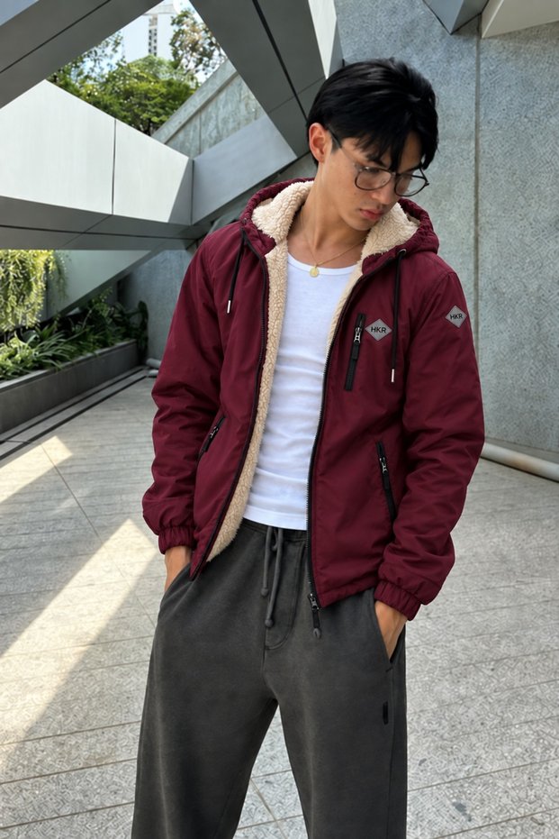 Men's Hooded Full-Pocket Winter Casual Burgundy Fur Raincoat