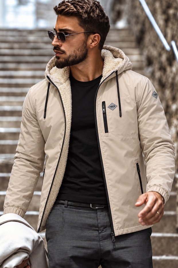 Men's Hooded Zippered Sleeved Sport Winter Stone Fur Raincoat