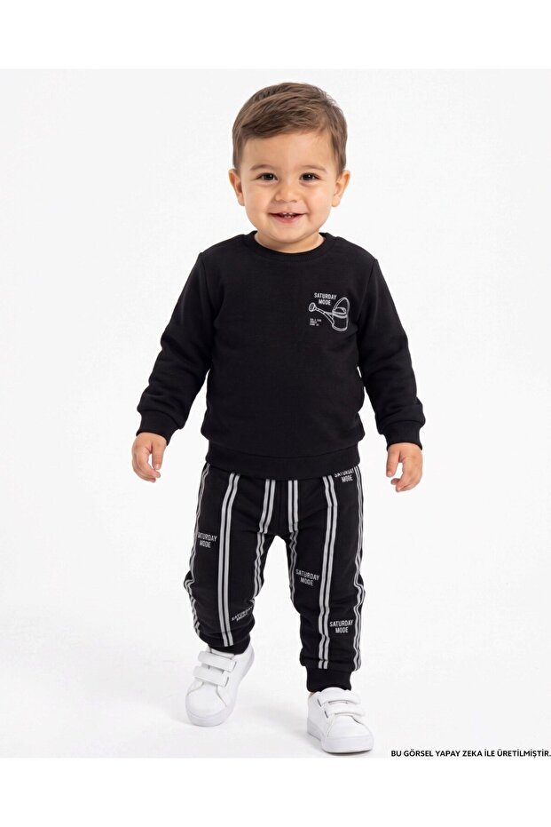 Boys' Striped 1-2-3-4 Years Old Winter 3 Threaded Ribbed 2-Piece Top and Bottom Tracksuit Set