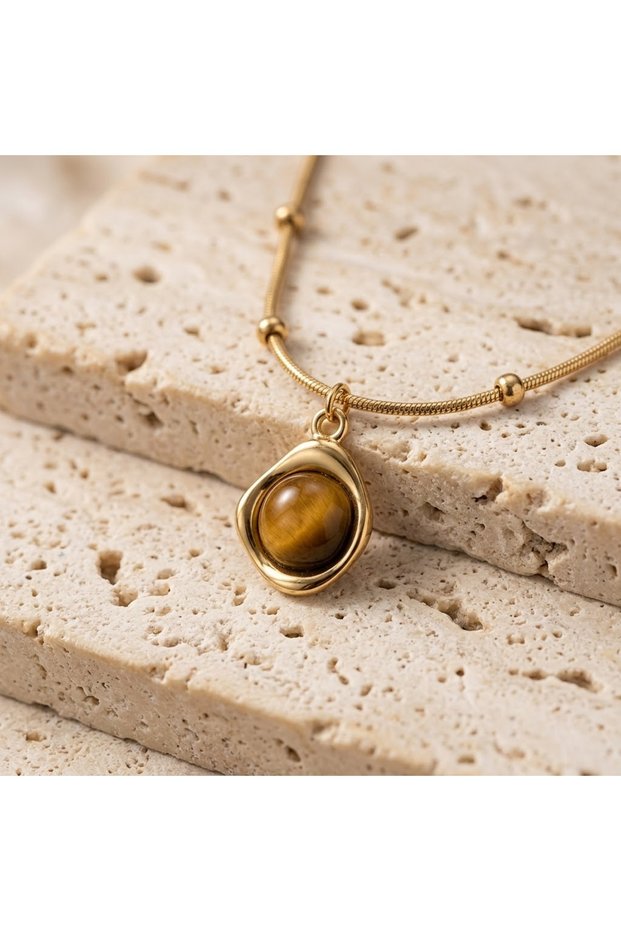 Brown Stone Necklace | Gold Square Frame