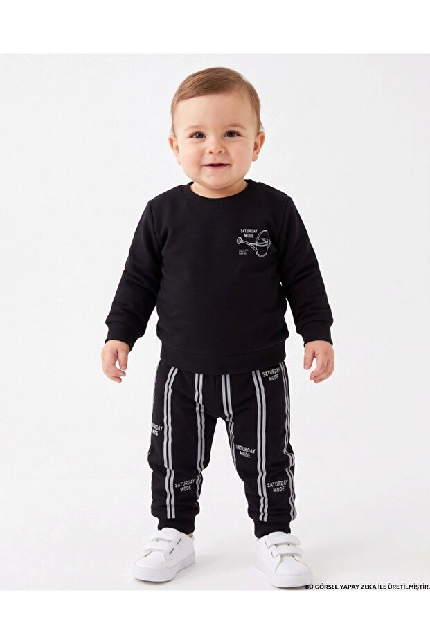 Boys' Striped 1-2-3-4 Years Old Winter 3 Threaded Ribbed 2-Piece Top and Bottom Tracksuit Set