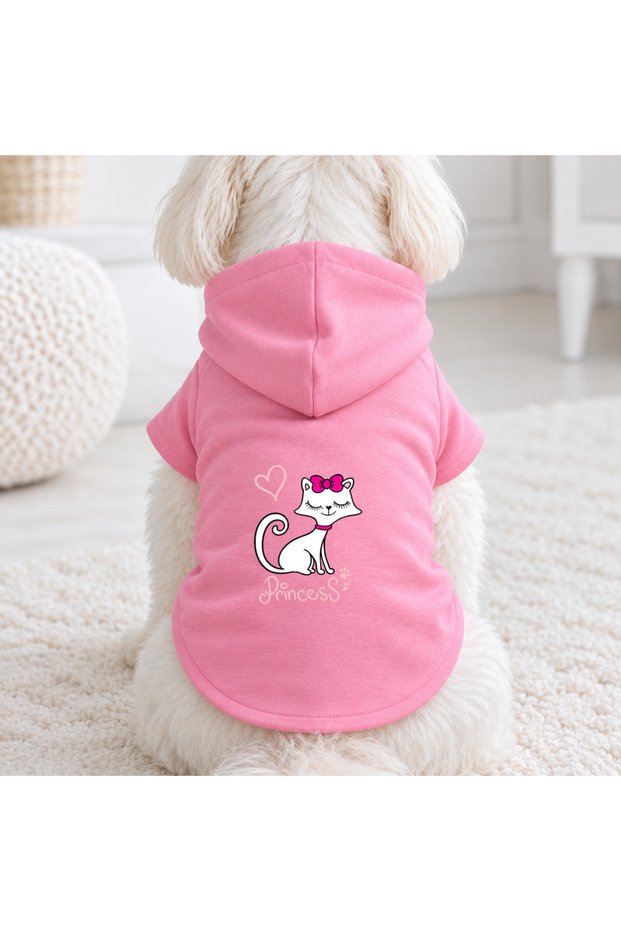 Pink Princess Cat Printed Dog Sweatshirt | Hooded, Fleece Fabric, Winter Dog Clothing