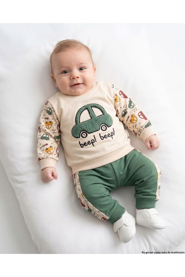 Baby Boy Car Printed 3-6-9-12 Months Seasonal 2 Threaded Top and Bottom Baby Set