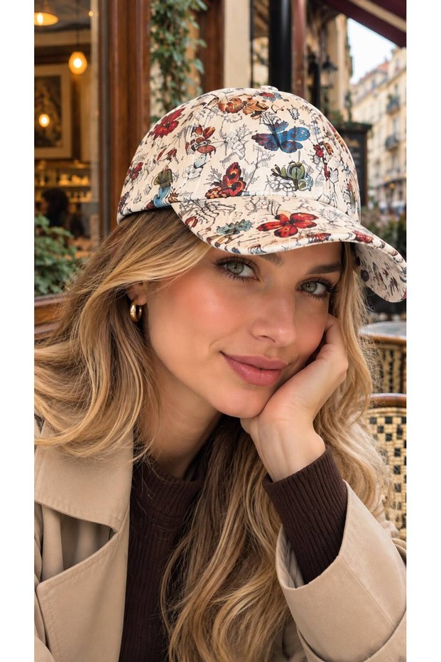 Ecru Vintage Butterfly Patterned Women's Cap Hat