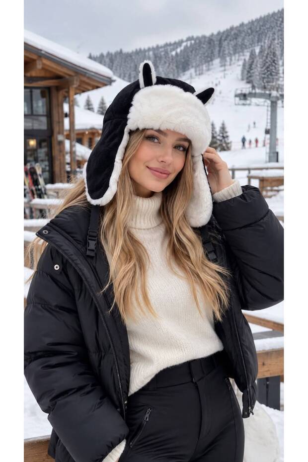 Black Plush Fur Pilot Women's Hat