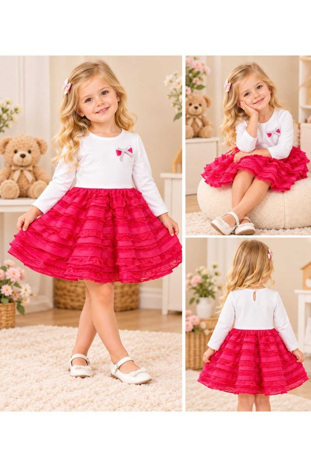 Baby Girl/Toddler Layered Ruffle Skirt Bowknot Long Sleeve Lined Dress