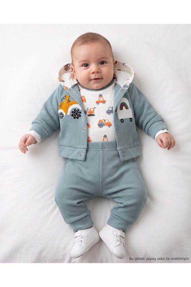 Baby Boy Newborn 0-3-6-9 Months Stylish 3-Piece Set with Waffle Fabric Cardigan and Snap-On Bodysuit