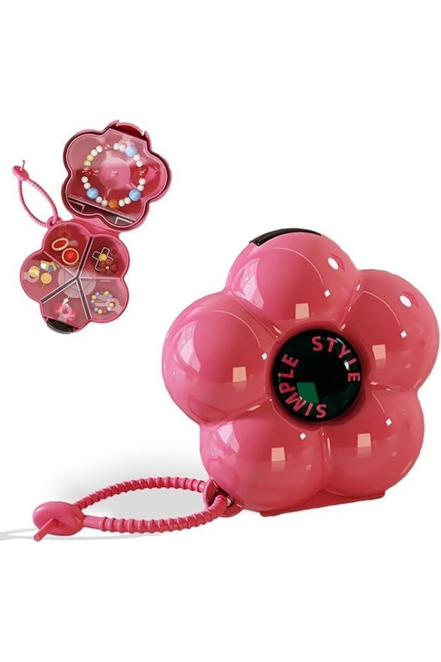 Red Mini Portable Travel Jewelry Case,Flower-Shaped Compact Organizer with 6 Compartments,Weekly Medicine and Vitamin Box for Purse