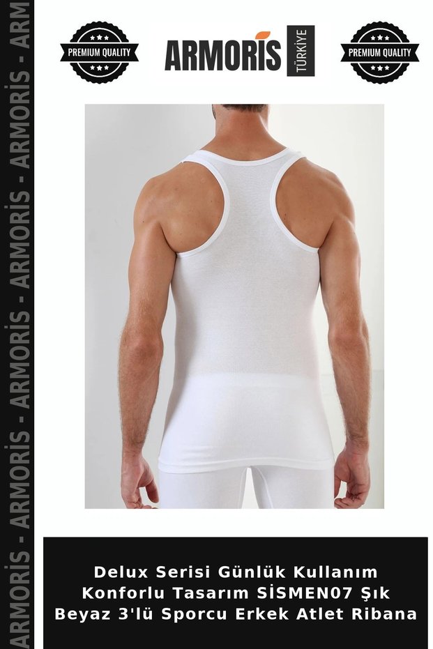 Delux Series Daily Use Comfortable Design Si̇smen07 Stylish White 3-Piece Sports Men's Athlete Ribbed Underwear