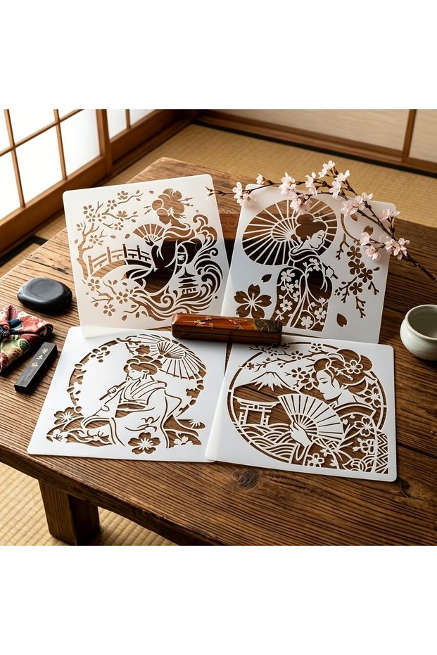 4pcs Japanese Geisha Stencil,Reusable Japanese Geishas,Cherry Blossoms,Mount Fuji for DIY Crafts P