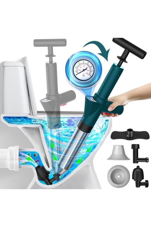 High Pressure Air Drain Blaster,Toilet Plunger with Real-Time Barometer,4 Interchangeable Heads for Bathroom,Sink,and Kitchen Clogs