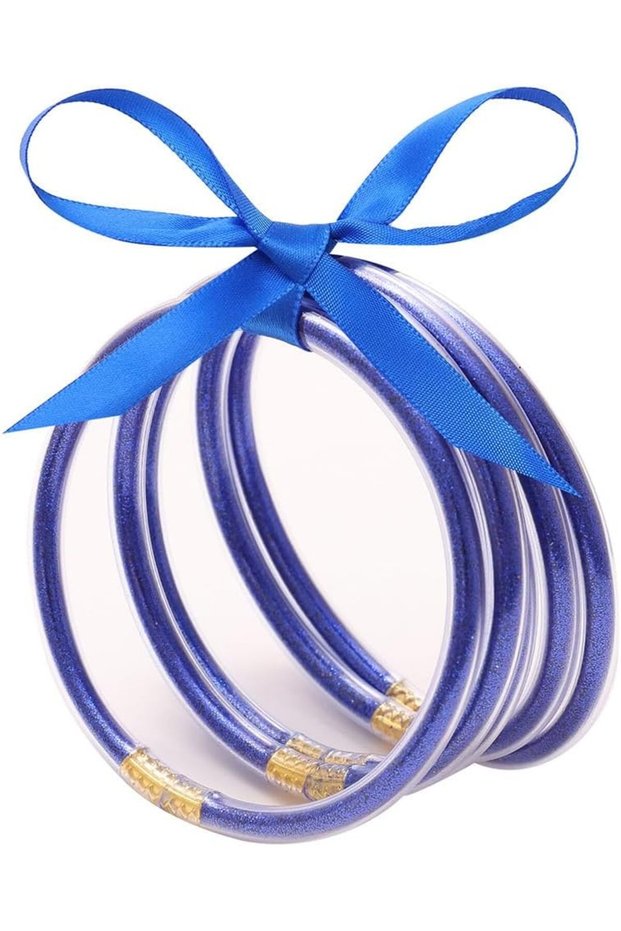 Glitter Filled Jelly Silicone Bracelets for Women,5-Piece Set,Flexible Blue Bangles for Daily Wear