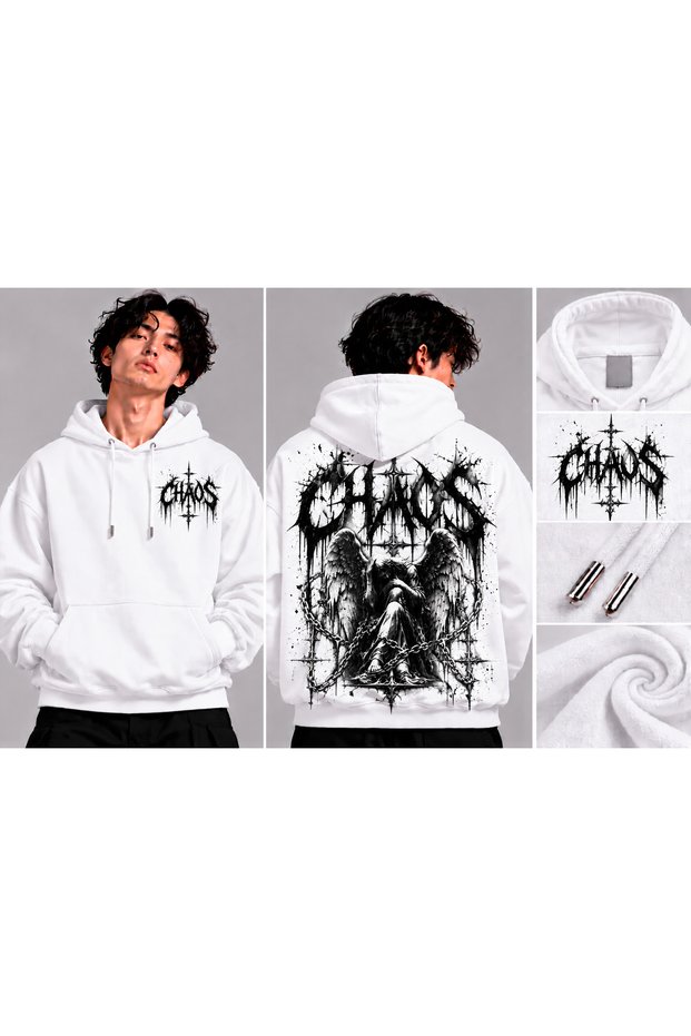 Chaos Winged Figure Back Printed Oversize Hooded White Sweatshirt with Kangaroo Pocket