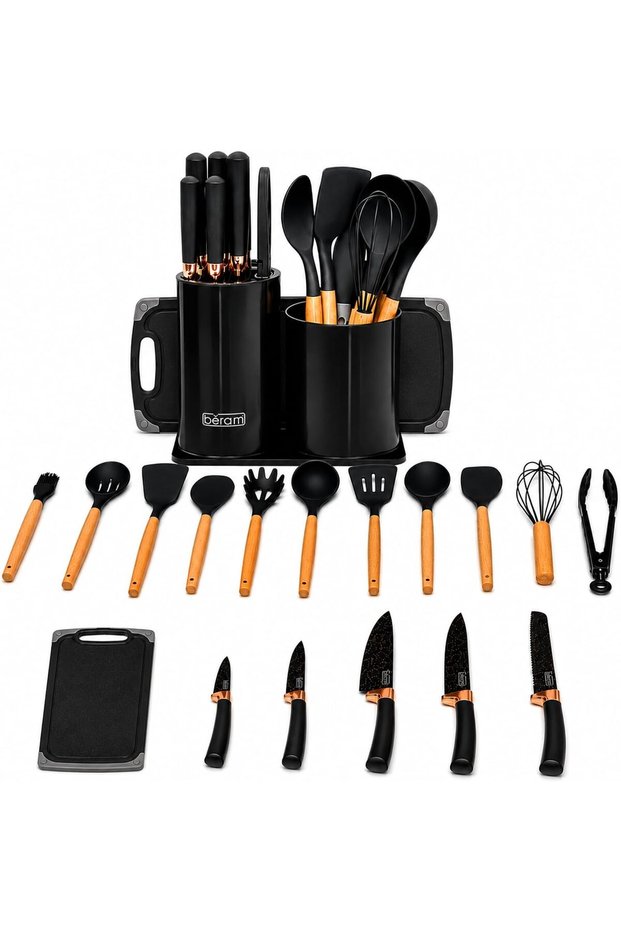 19 Piece Kitchen Utensil Set with Knife, Silicone Cooking Utensils with Wooden Handles Stainless Steel Kitchen Knives Cutting Boards Storage Holder Non Stick Cooking Tools for Home Kitchen Black