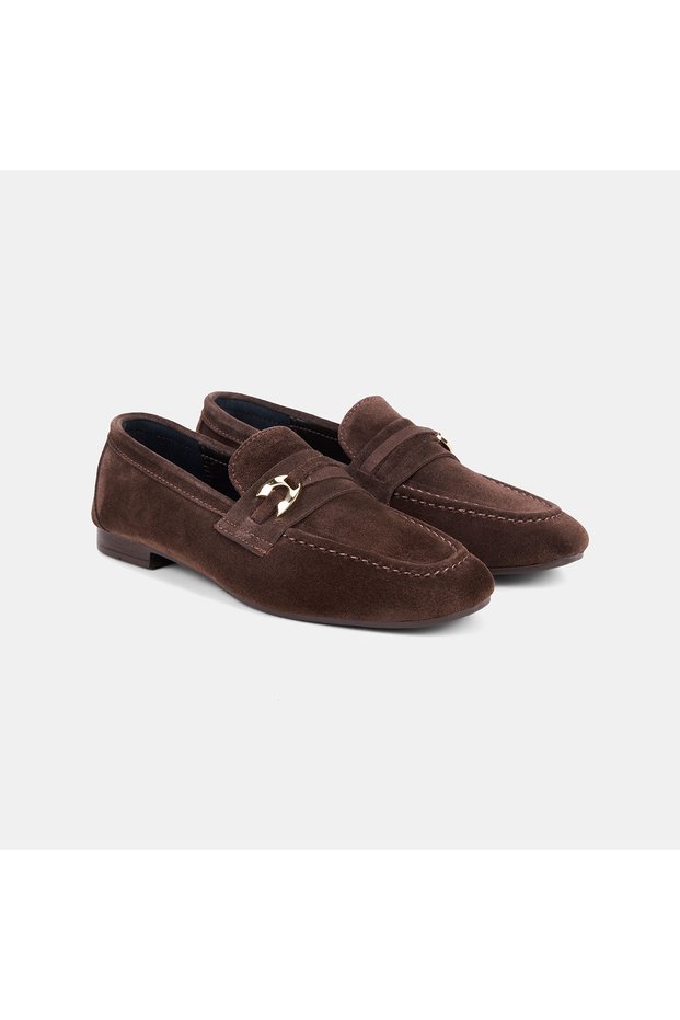 Women's Brown Slip-On Suede Loafer with Gold Accessories