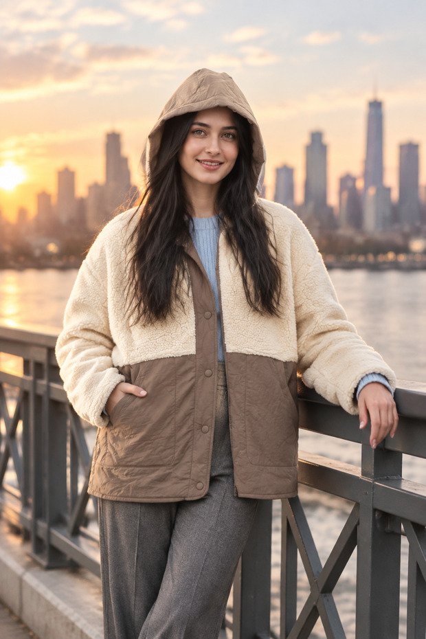 Hn-3196 Women's Camel Color Casual Hooded Coat