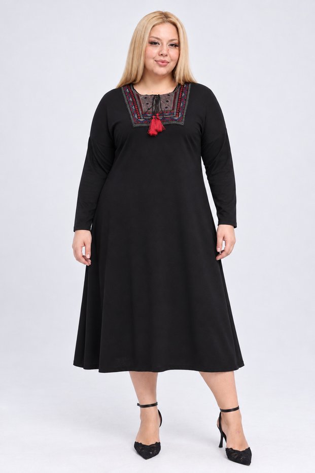 Plus Size Embroidery Collared Wide Cut Long Sleeve Viscose Dress
