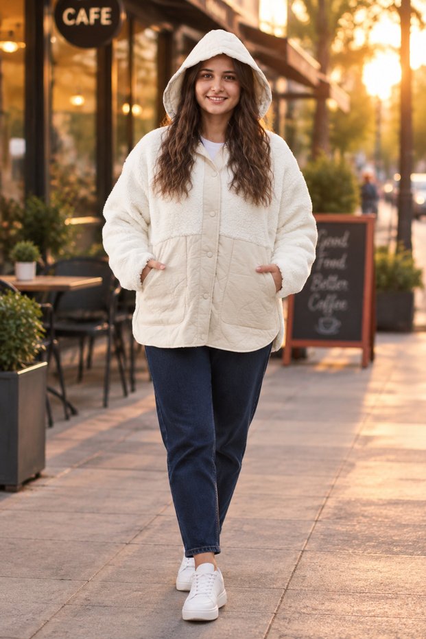 Hn-9902 Women's Ecru Color Casual Hooded Coat