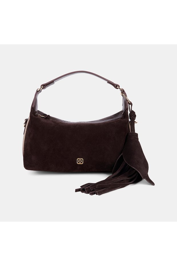 Women's Brown Tassel Detailed Suede Textured Hand and Shoulder Bag