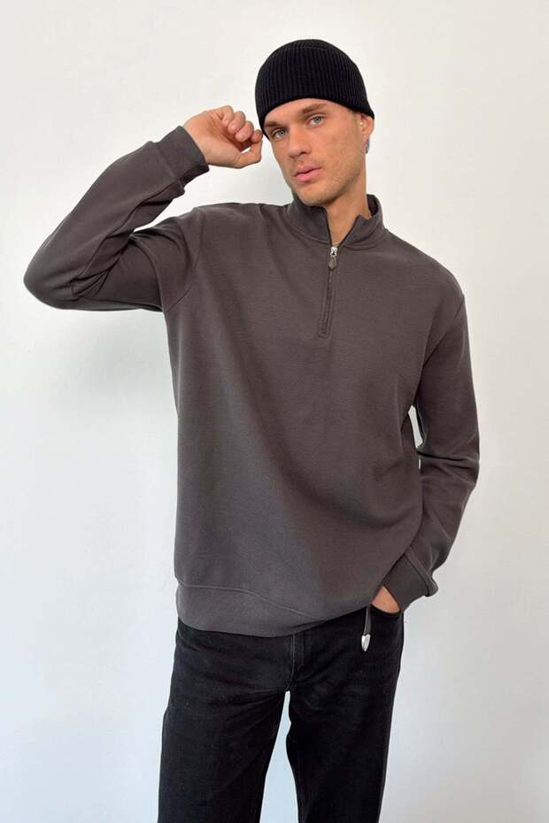 Men's Stand Collar Half Zipper Thessaloniki Sweatshirt Anthracite - 6105