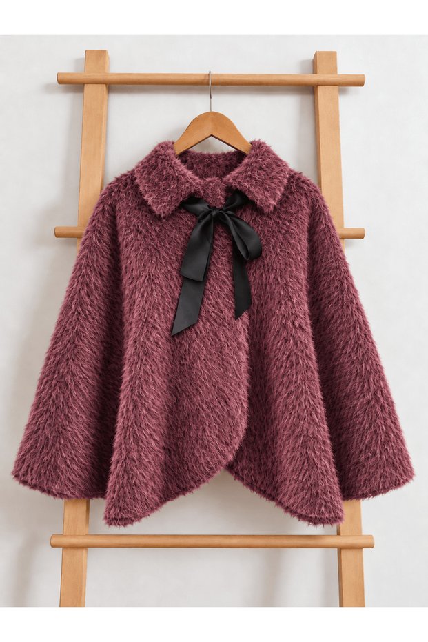 Bow Detailed Poncho - 7320 - Claret Red