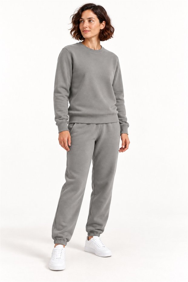 Women's Gray 3 Thread Crew Neck Fleece Tracksuit Set