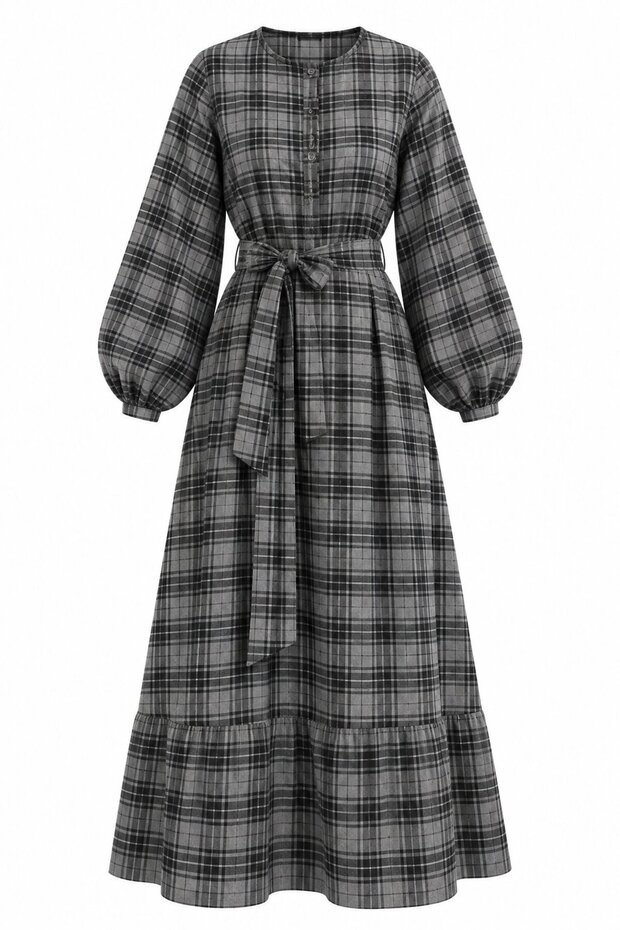 Gray Plaid Belted Long Dress - 2Y1235