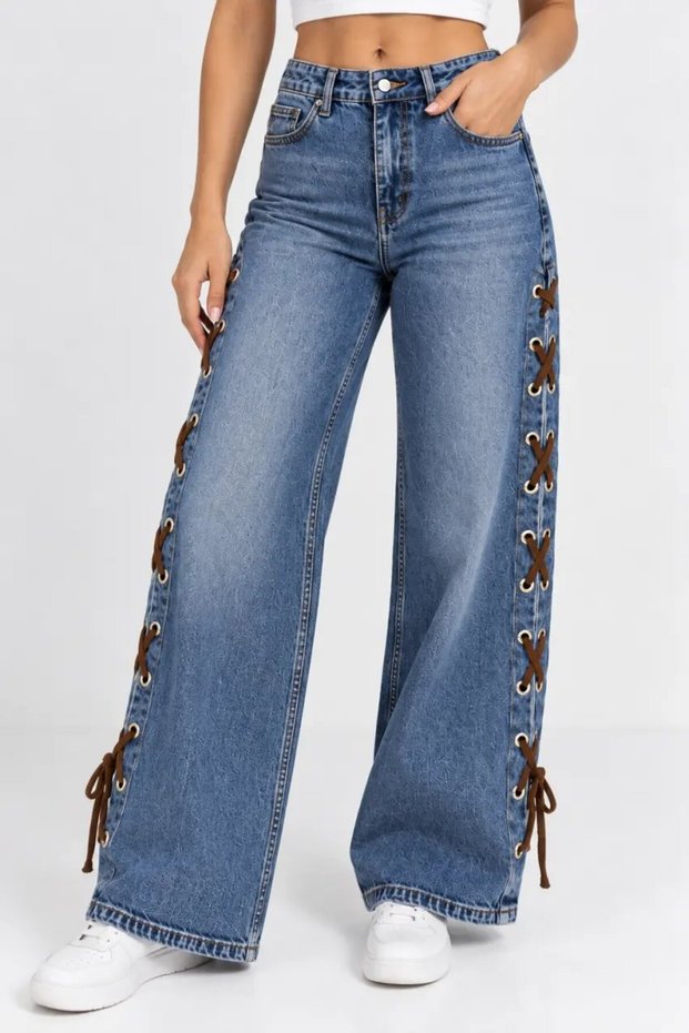 Women's High Waist Wide Leg Jeans with Lace-Up Detail on the Sides