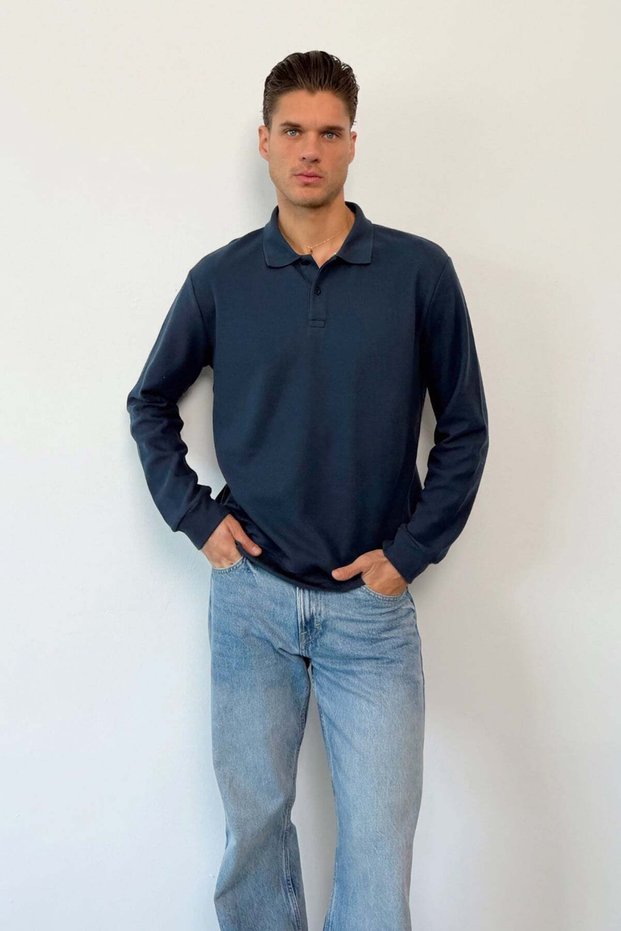Men's Polo Collar Half Button Thessaloniki Sweatshirt Navy Blue - 6103