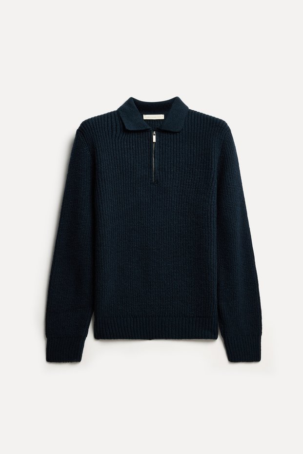 Men's Navy Blue Zippered Polo Collar Sweater