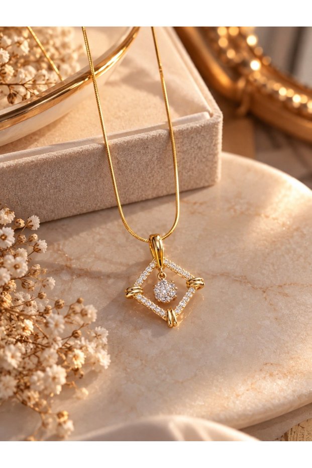 Gold Color Zircon Stone Look Geometric Square Pendant – Elegant Women's Necklace