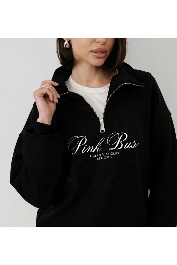 Pink Bus Half Zipper Oversize 3-Ply Sweatshirt