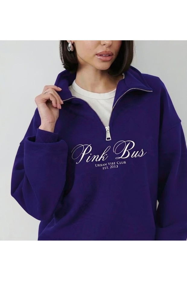 Pink Bus Half Zipper Oversize 3-Ply Sweatshirt