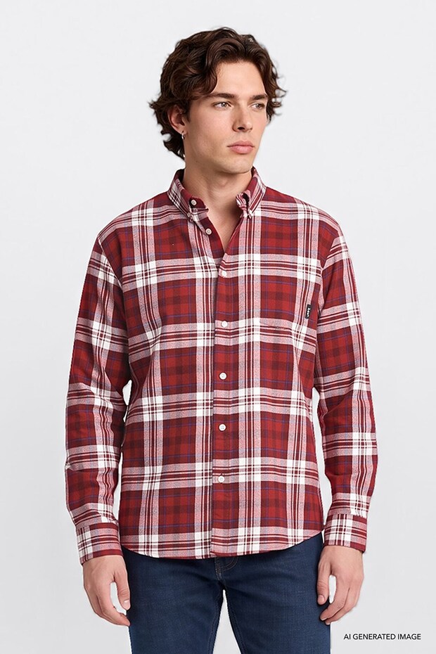 100% Cotton Regular Fit Classic Collar Plaid Patterned Shirt