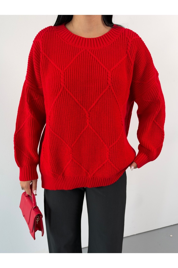 Oversize Baklava Jacquard Pattern Crew Neck Drop Shoulder Women's Loose Knitwear Sweater