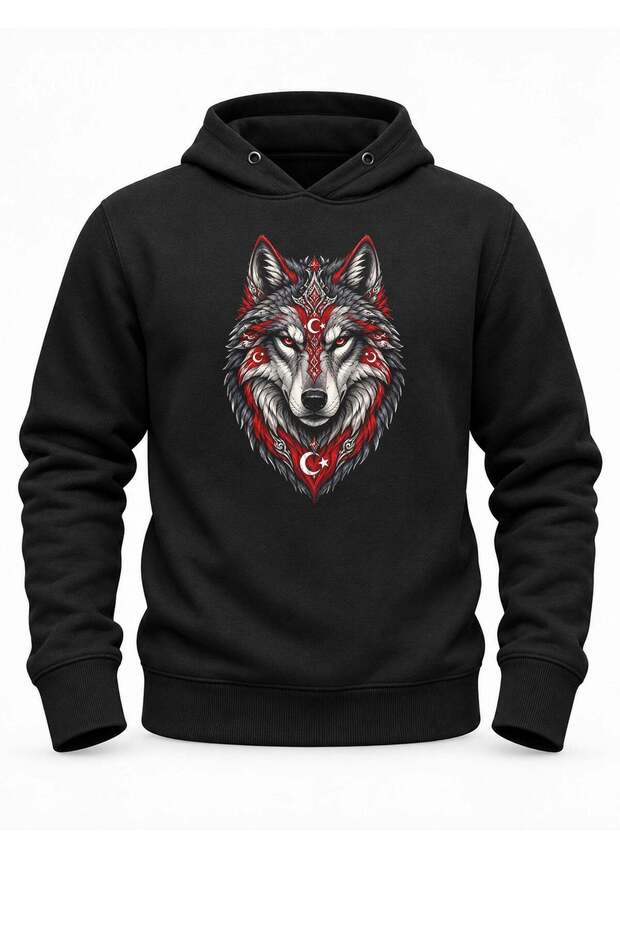 Red Moon Star Wolf Printed Black Hooded Pocketless Sweatshirt