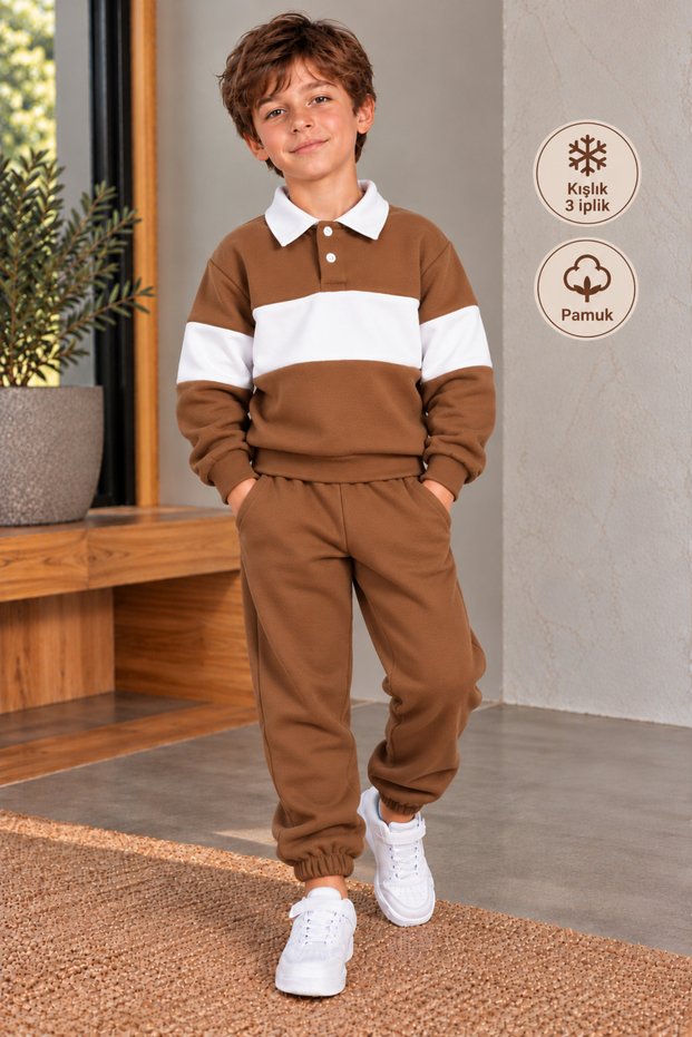 Winter 3 Threaded Yarn Embroidered Pocket Polo Collar Top and Bottom Set (3-10 Years)