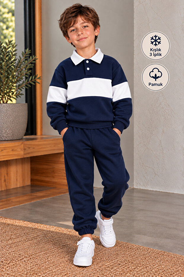 Winter 3 Threaded Yarn Embroidered Pocket Polo Collar Top and Bottom Set (3-10 Years)