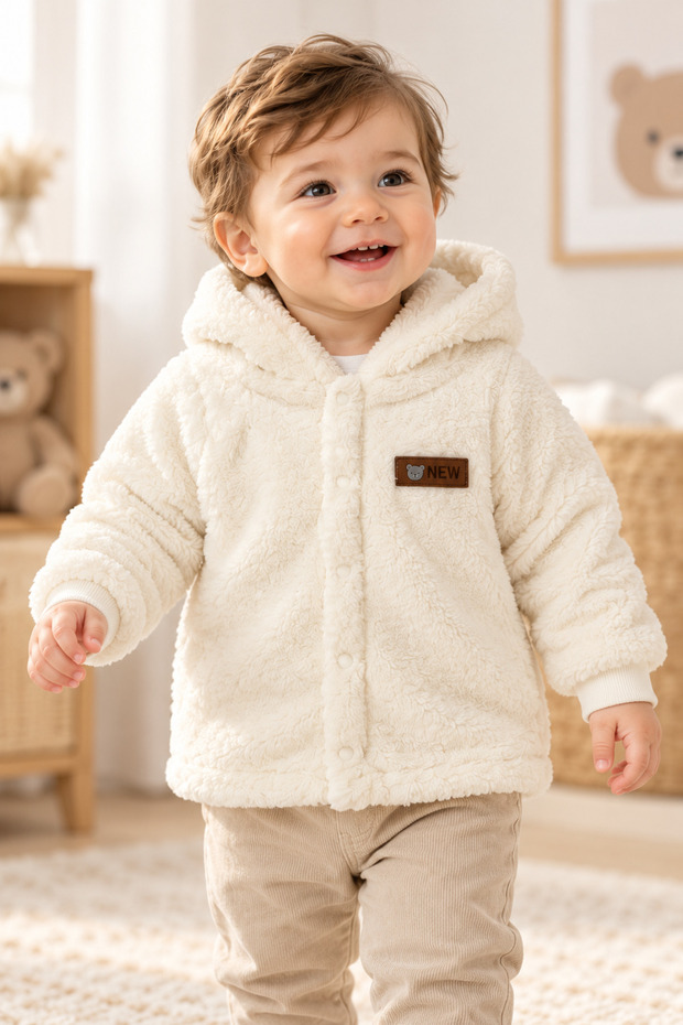 Hooded Unisex Welsoft Soft Textured Snap Fastener Winter Baby Cardigan