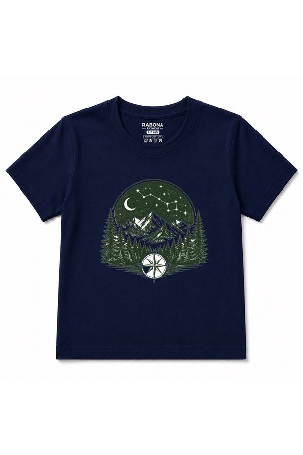 Little Explorer Midnight Wilderness Starry Mountain Forest Compass Kids Graphic T-Shirt