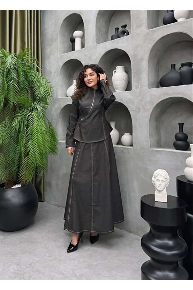 Pera Asymmetrical Zipper Detailed Jacket Skirt Set - Hijab Compatible