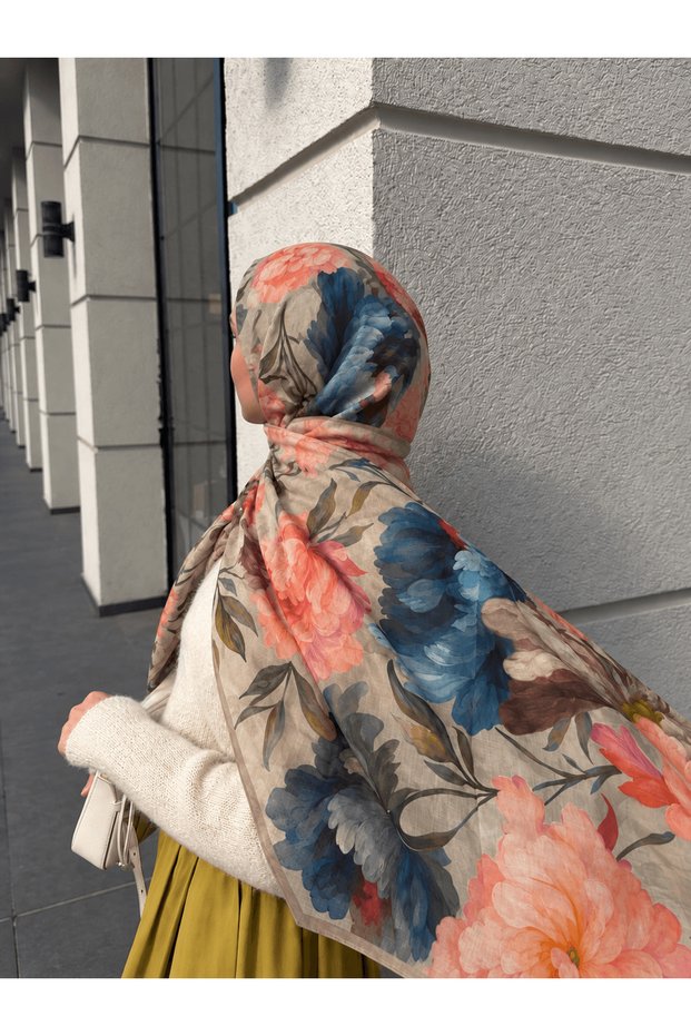 Vintage Garden Modal Silk Shawl - Stone & Indigo