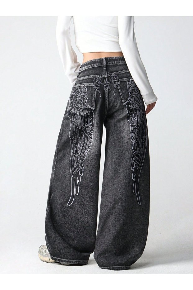 Y2K Angel Wings Embroidered Washed Baggy Jean Pants
