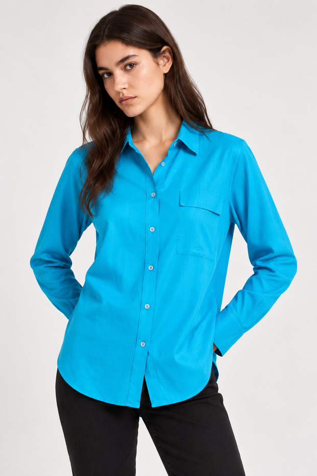 Women's Turquoise Long Sleeve Single Pocket Buttoned Viscose Shirt Relaxed Fit Casual Stylish