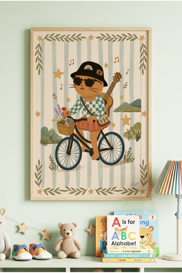 1 Piece Real Wood Framed Painting of a Guitarist Cat Concept - Wooden Painting for Kids and Baby Room and Home Decoration