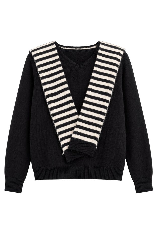 Women's Shawl Collar Black and White Striped Knitwear Sweater